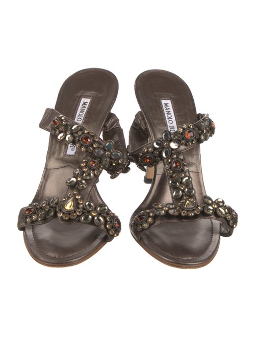 Manolo Blahnik Leather Crystal Embellishments T-Strap Sandals