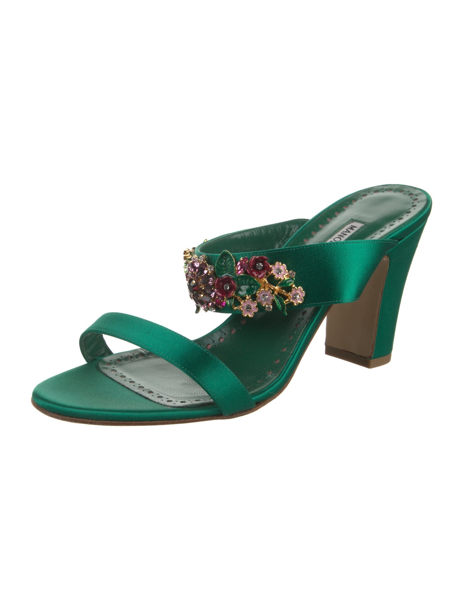 Manolo Blahnik Satin Crystal Embellishments Slides