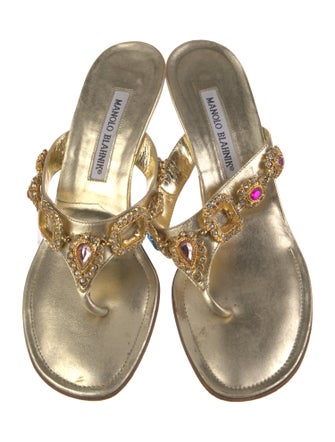 Manolo Blahnik Leather Crystal Embellishments Slides