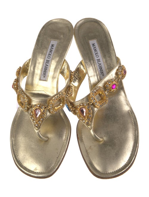 Manolo Blahnik Leather Crystal Embellishments Slides