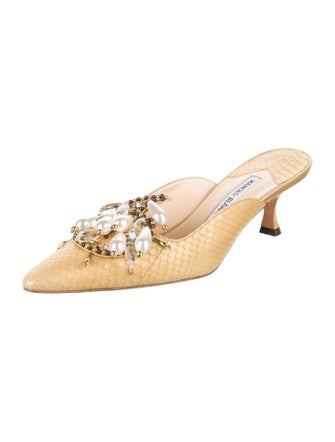 Manolo Blahnik Embossed Leather Crystal Embellishments Mules