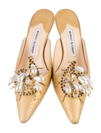 Manolo Blahnik Embossed Leather Crystal Embellishments Mules
