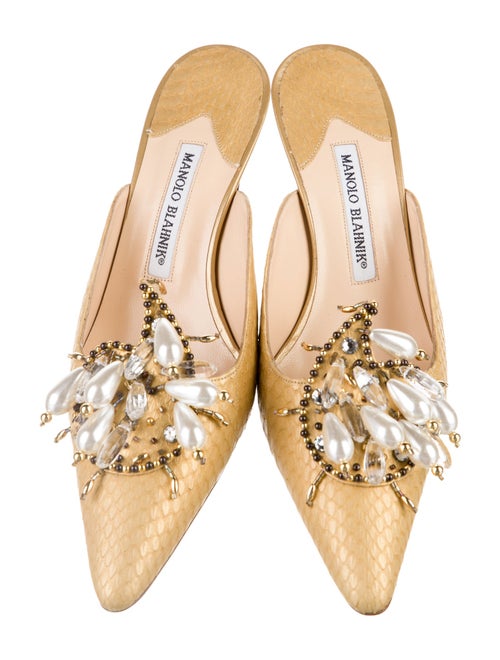 Manolo Blahnik Embossed Leather Crystal Embellishments Mules