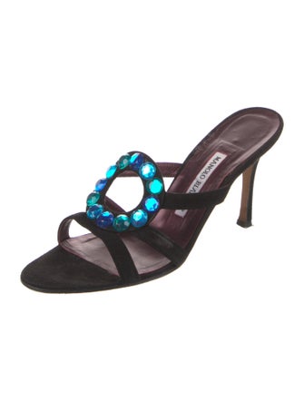 Manolo Blahnik Suede Crystal Embellishments Slides