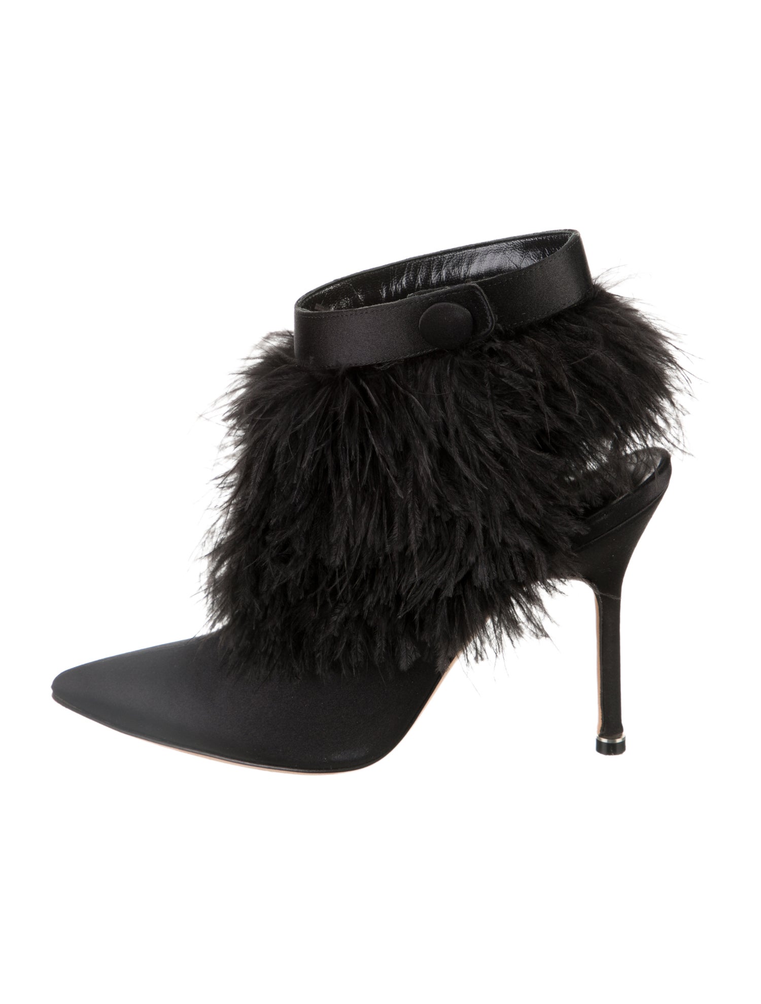 Manolo Blahnik Satin Feather Trim Mules