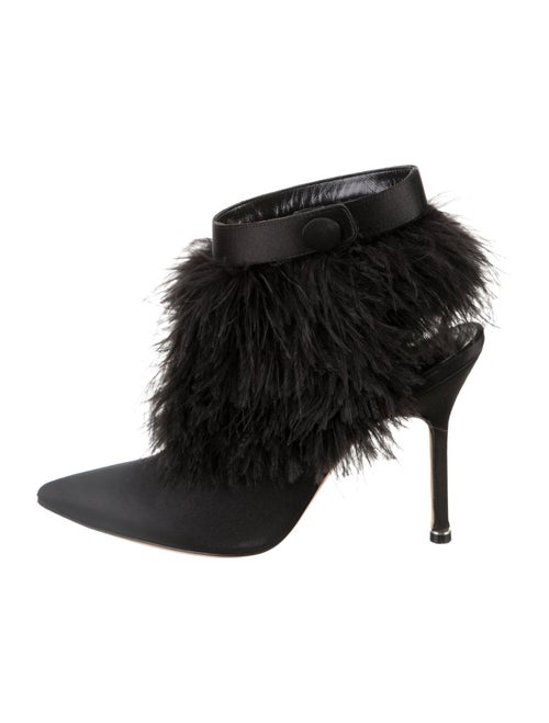 Manolo Blahnik Satin Feather Trim Mules
