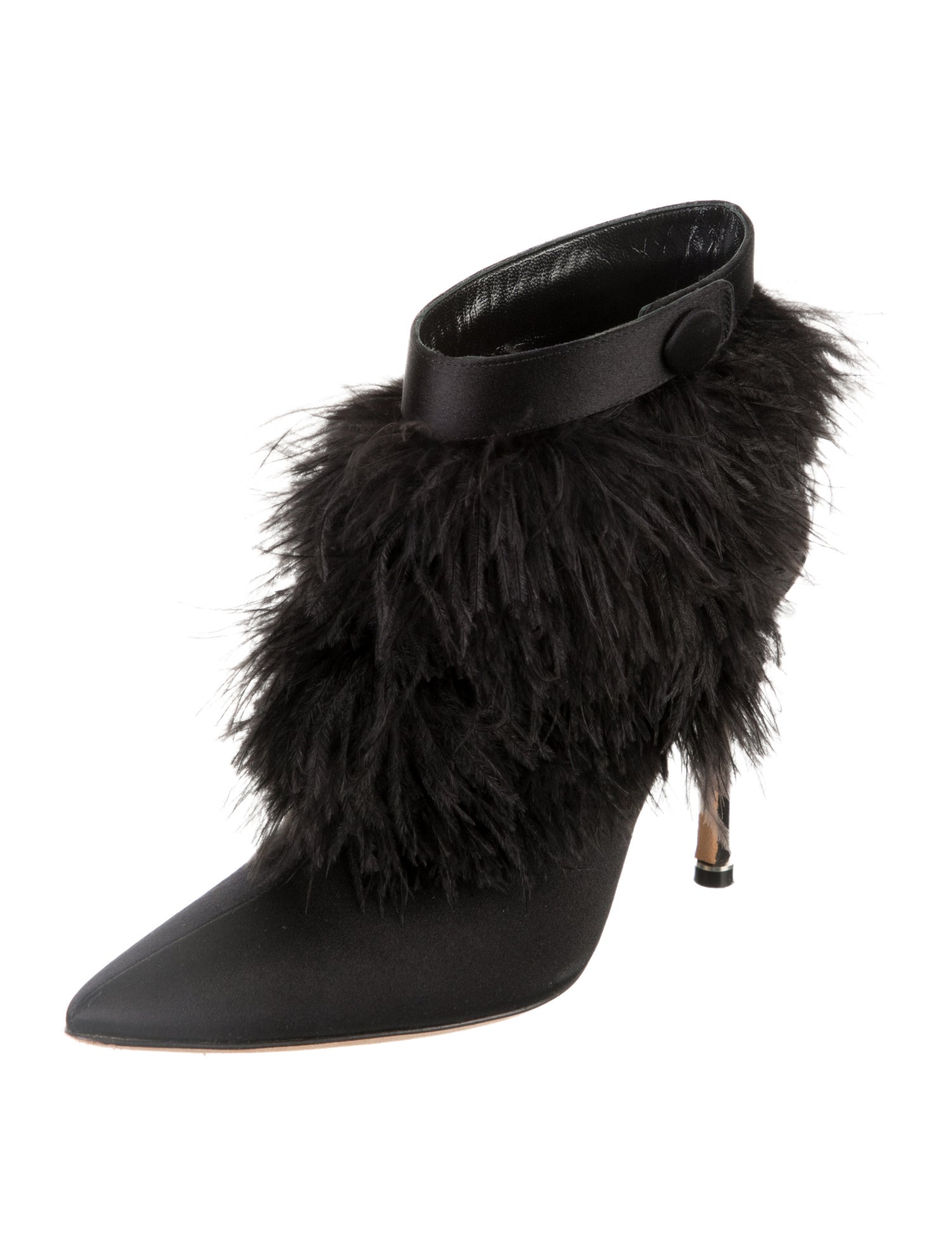 Manolo Blahnik Satin Feather Trim Mules