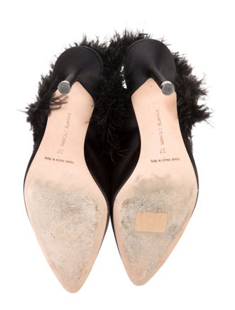 Manolo Blahnik Satin Feather Trim Mules