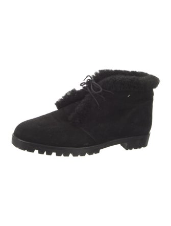 Manolo Blahnik Suede Faux Fur Trim Lace-Up Boots