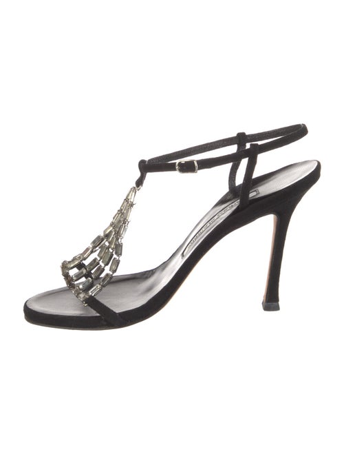 Manolo Blahnik Suede Crystal Embellishments T-Strap Sandals