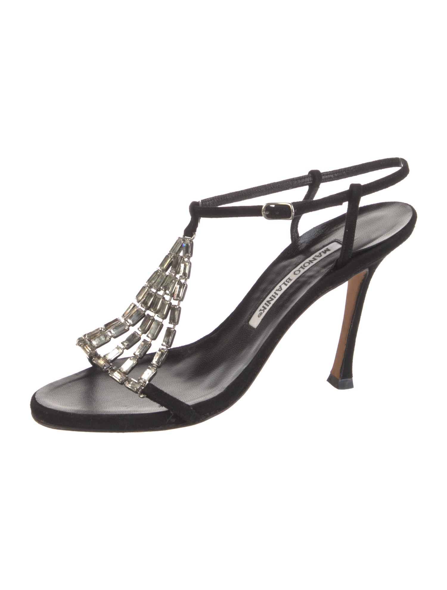 Manolo Blahnik Suede Crystal Embellishments T-Strap Sandals