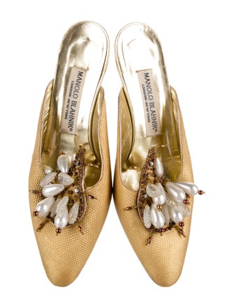 Manolo Blahnik Embossed Leather Crystal Embellishments Mules