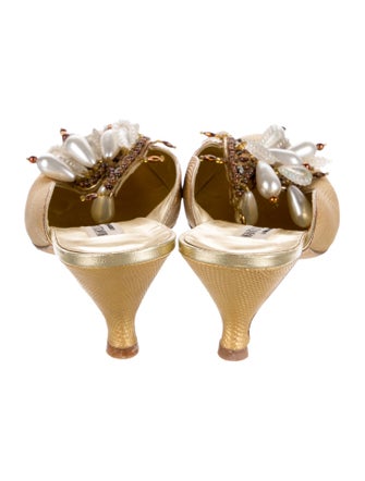 Manolo Blahnik Embossed Leather Crystal Embellishments Mules