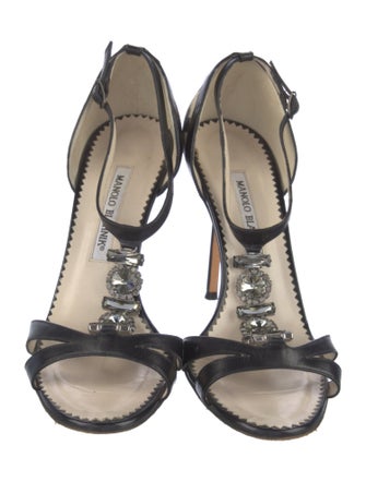 Manolo Blahnik Leather Crystal Embellishments T-Strap Sandals