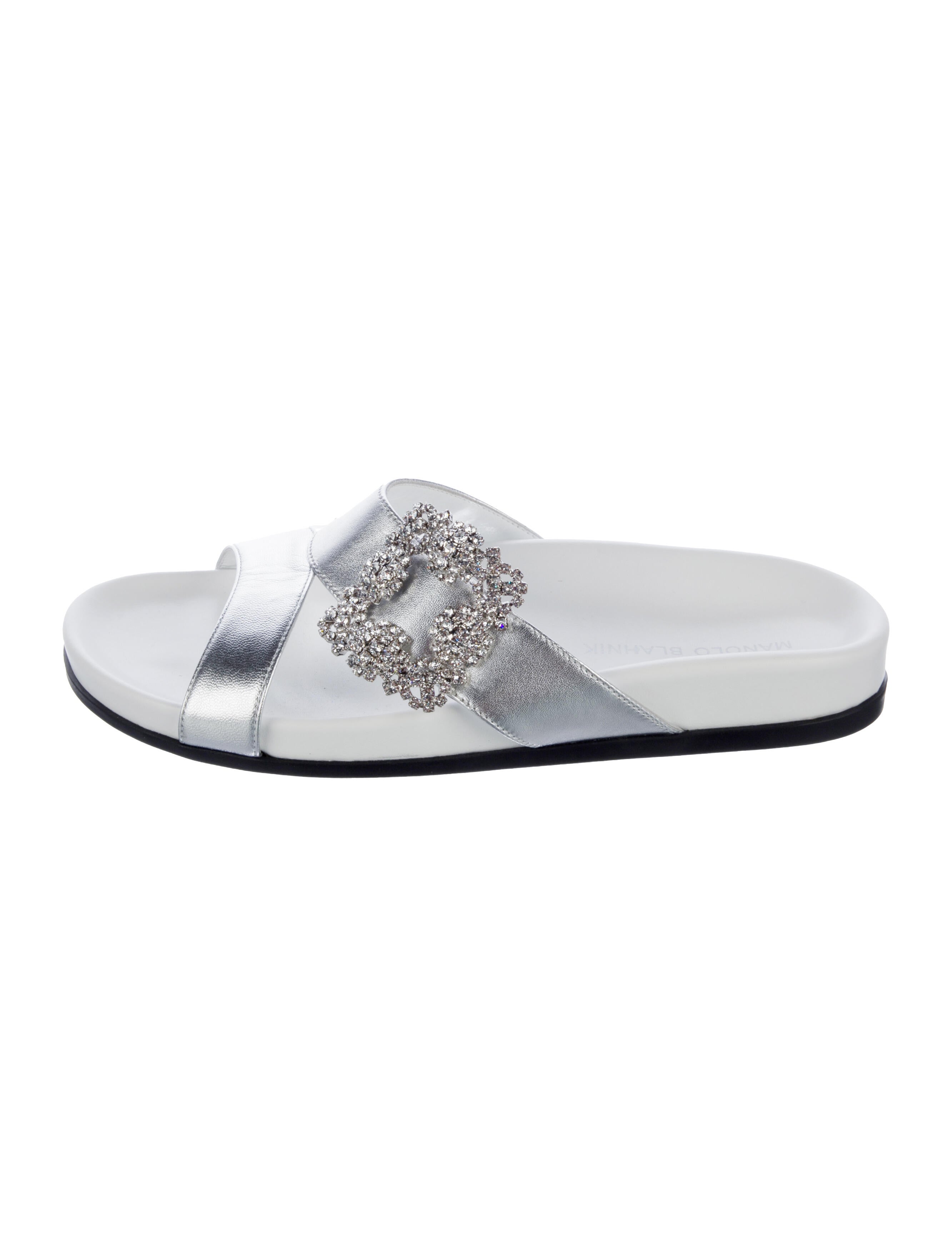 Manolo Blahnik Leather Crystal Embellishments Slides