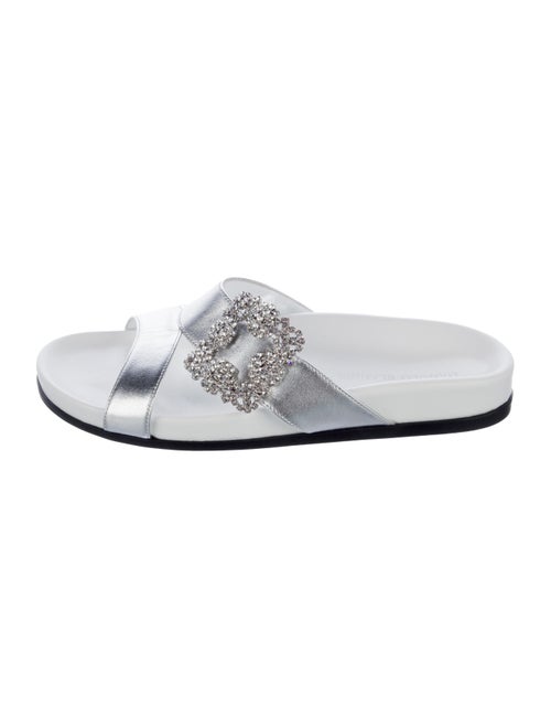 Manolo Blahnik Leather Crystal Embellishments Slides