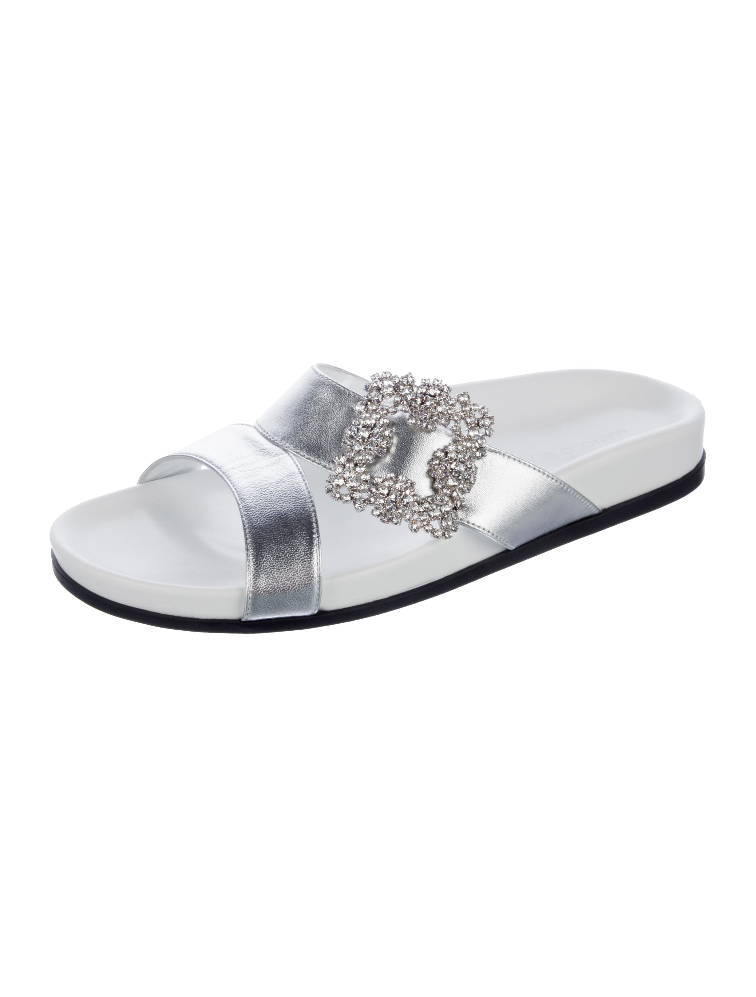 Manolo Blahnik Leather Crystal Embellishments Slides
