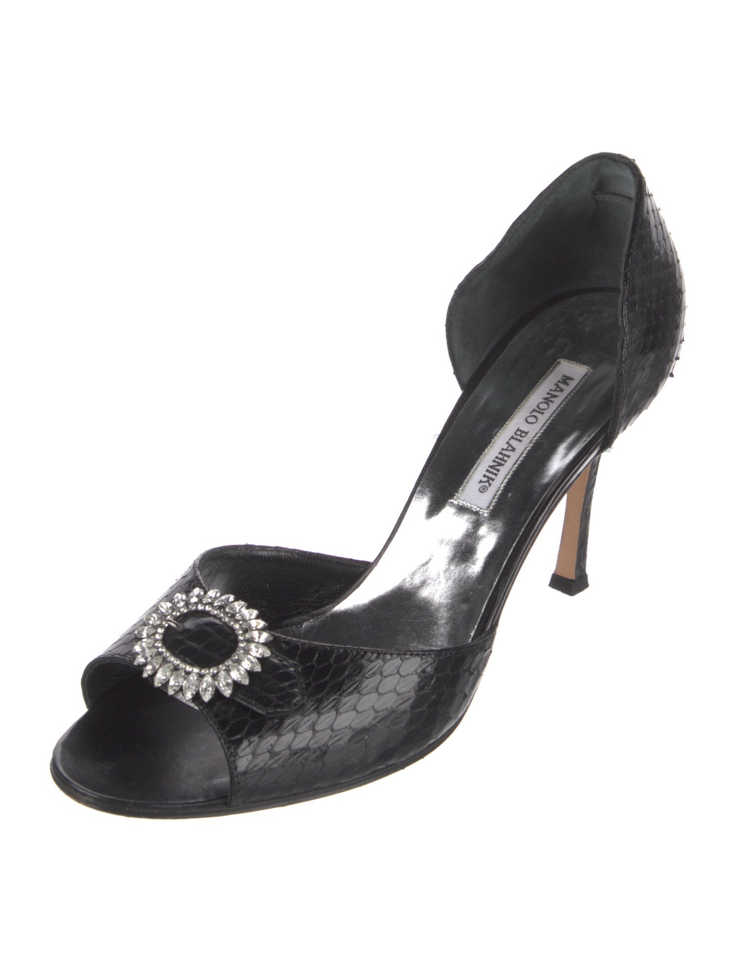Manolo Blahnik Snakeskin Crystal Embellishments Sandals