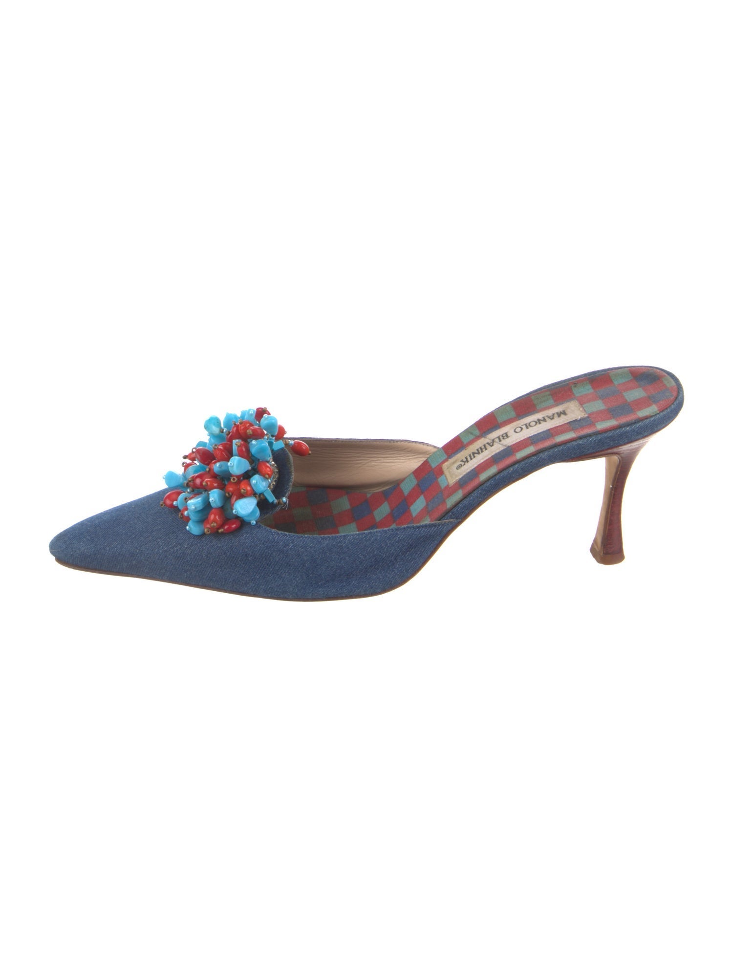 Manolo Blahnik Denim Beaded Accents Mules