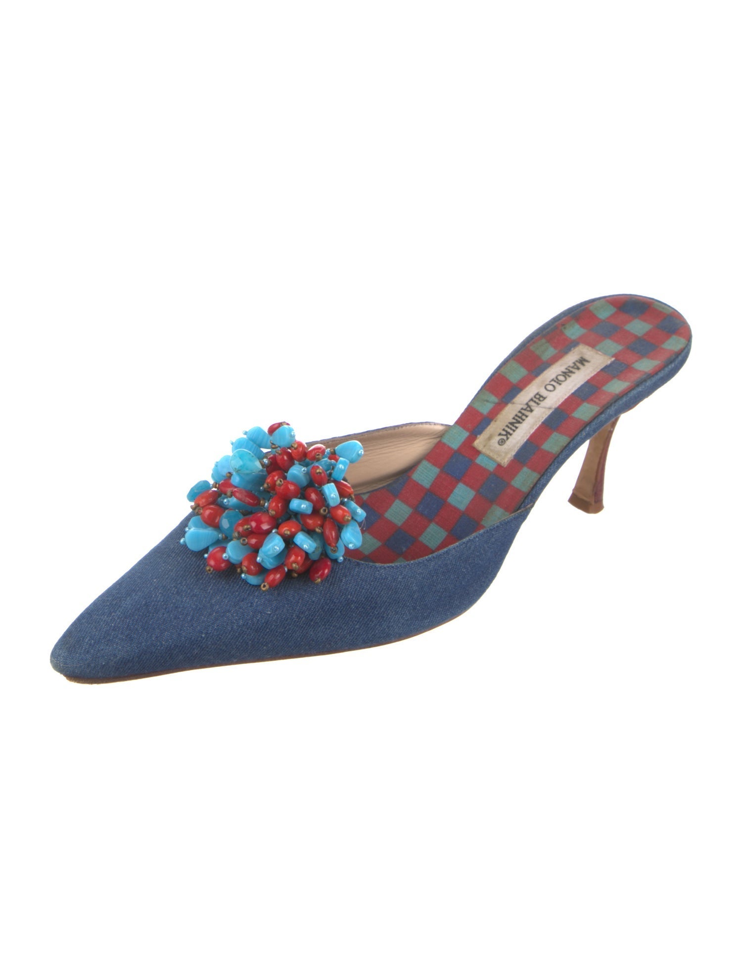 Manolo Blahnik Denim Beaded Accents Mules