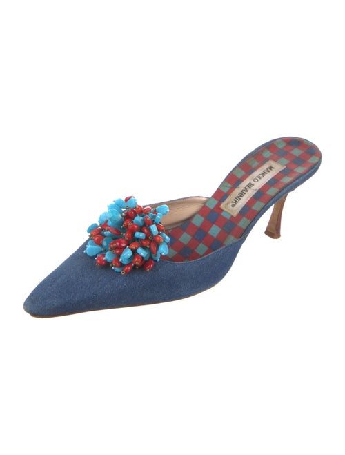 Manolo Blahnik Denim Beaded Accents Mules