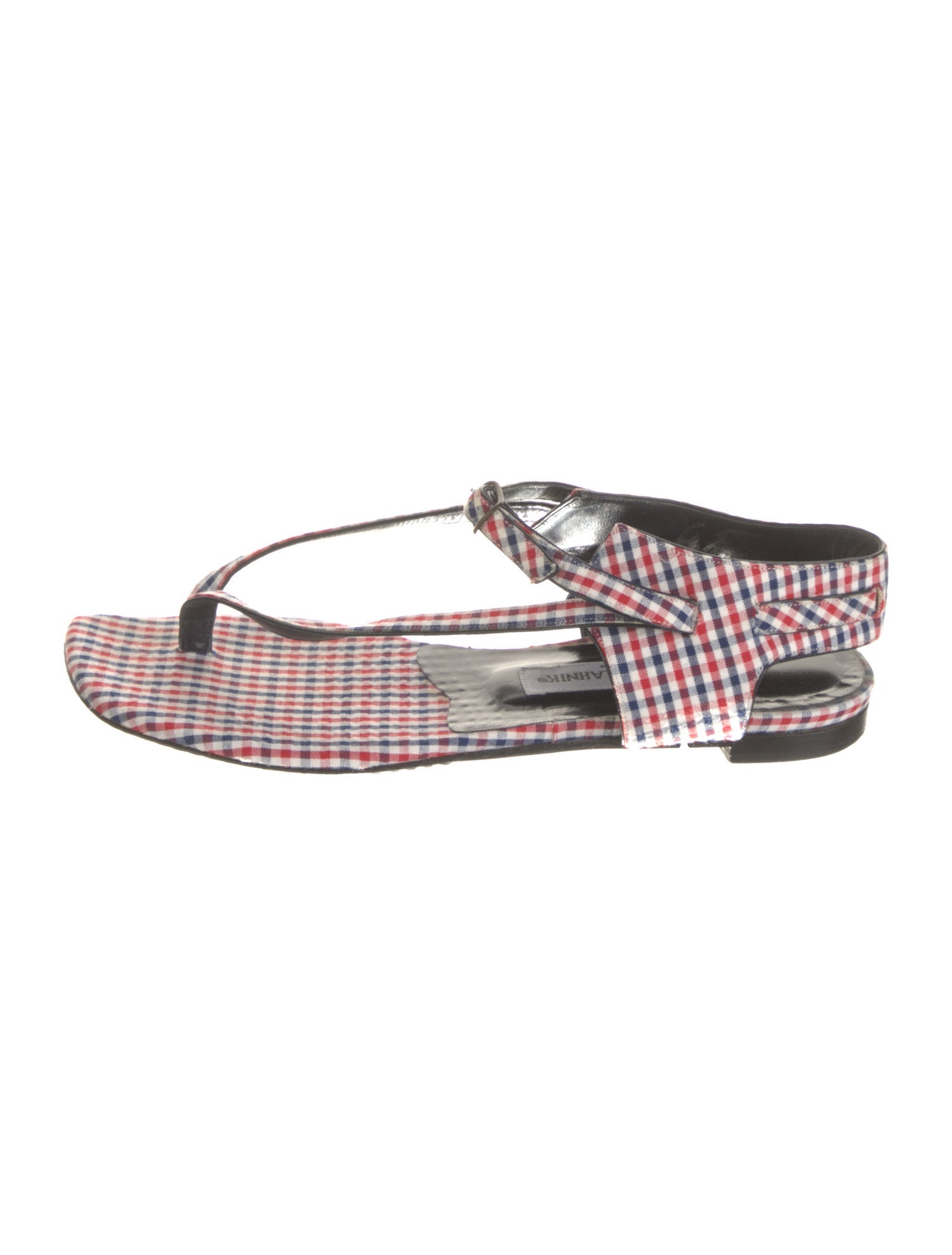 Manolo Blahnik Plaid Print T-Strap Sandals