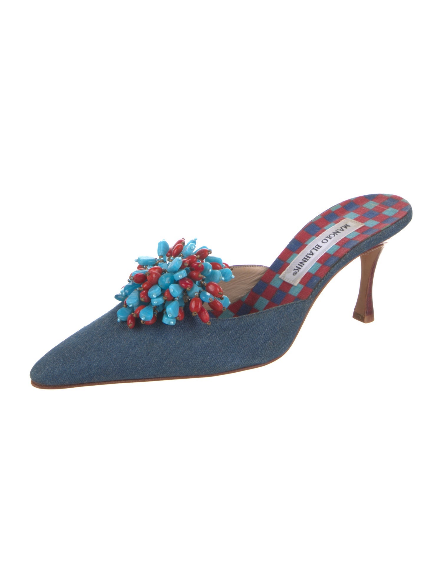 Manolo Blahnik Denim Plaid Print Mules
