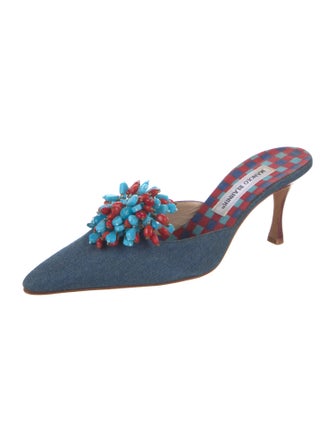 Manolo Blahnik Denim Plaid Print Mules