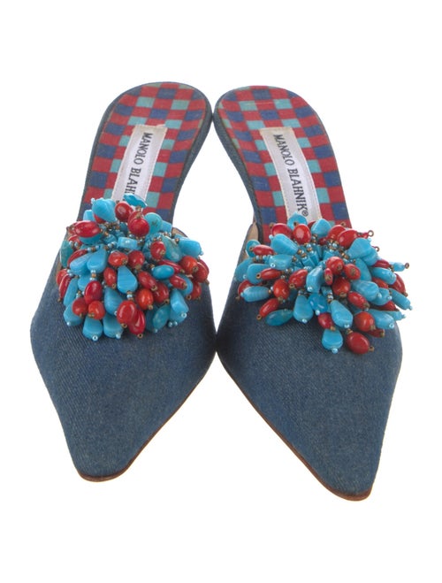 Manolo Blahnik Denim Plaid Print Mules