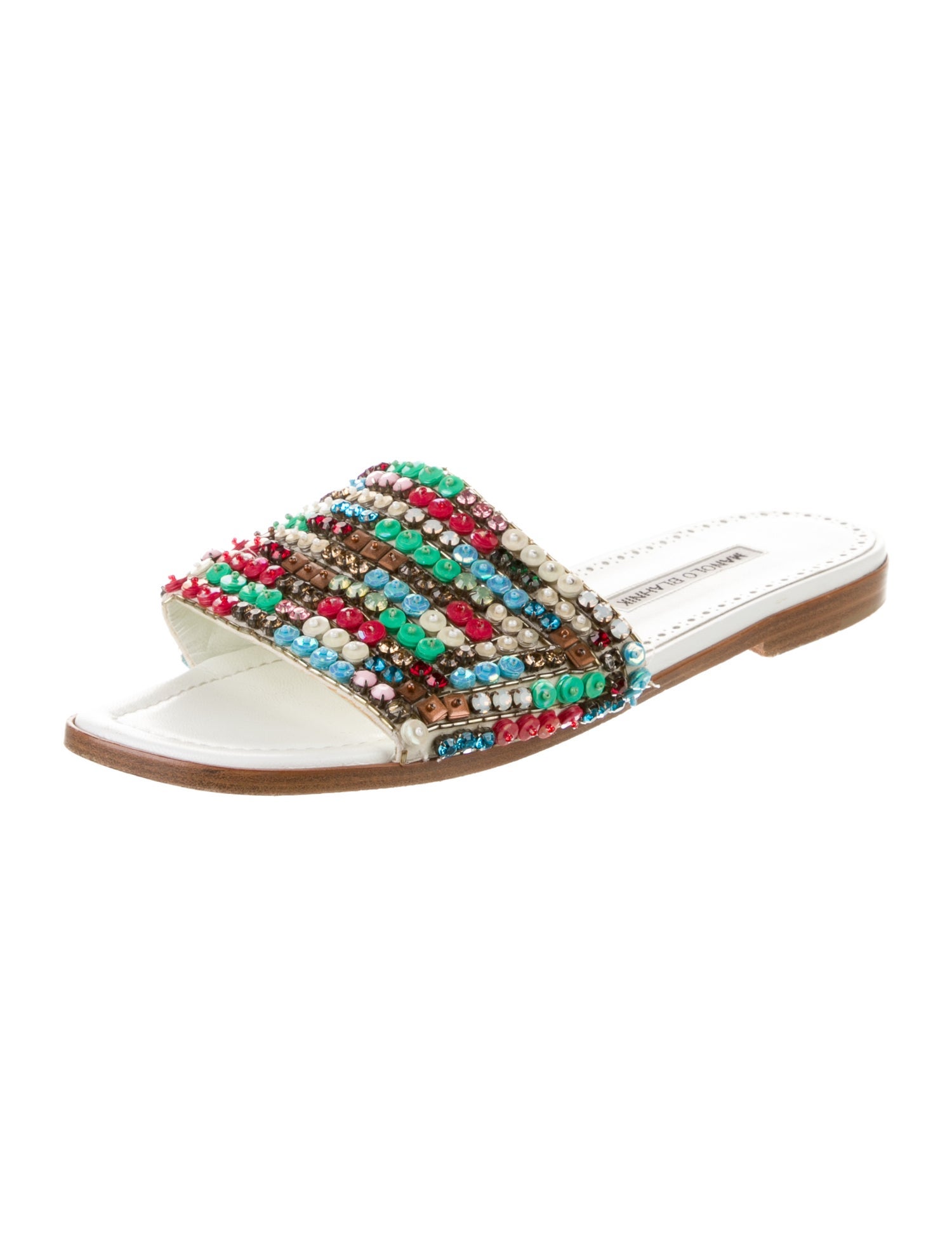 Manolo Blahnik Leather Crystal Embellishments Slides