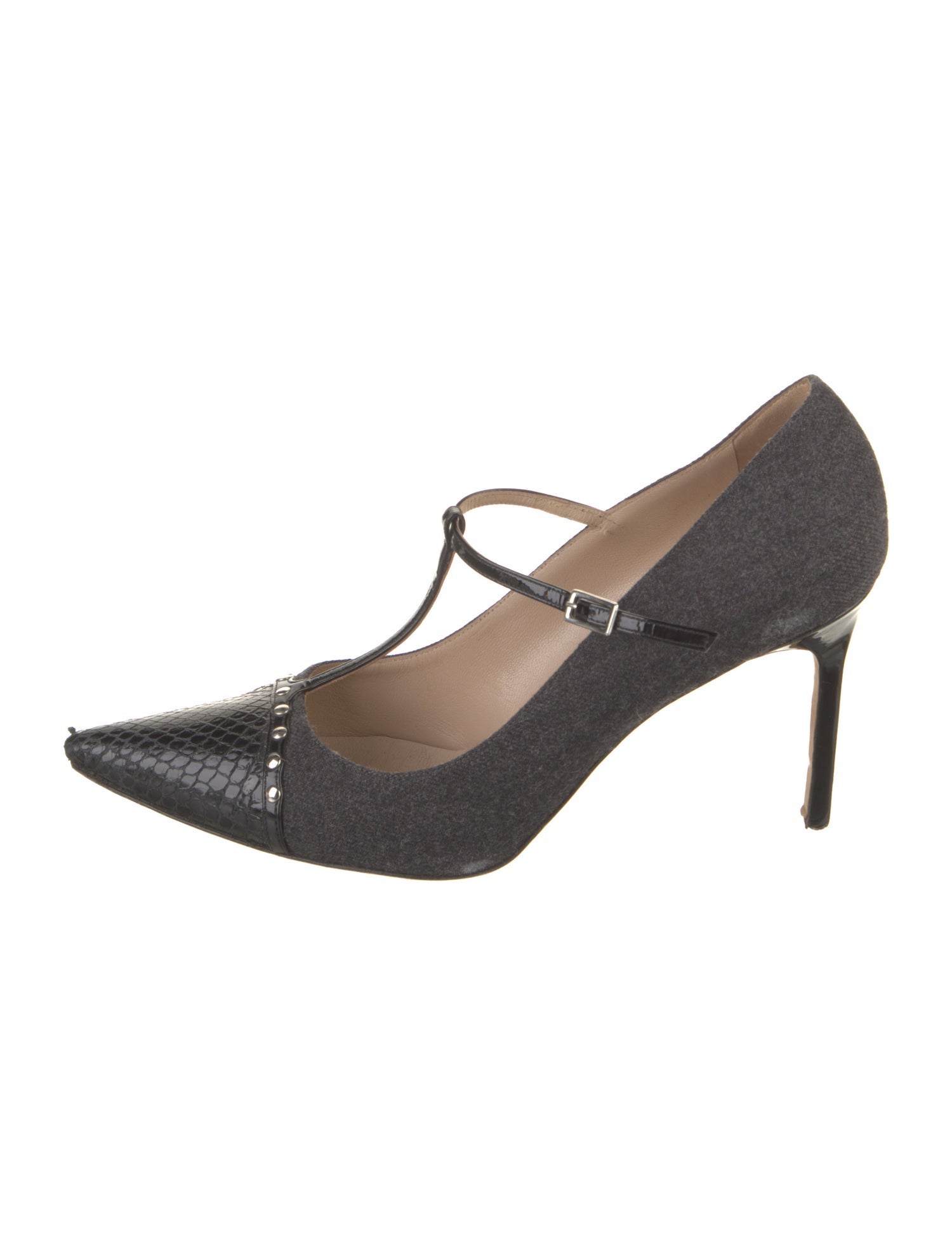 Manolo Blahnik Wool Studded Accents T-Strap Pumps