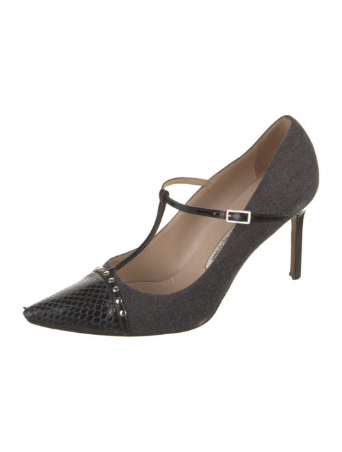 Manolo Blahnik Wool Studded Accents T-Strap Pumps
