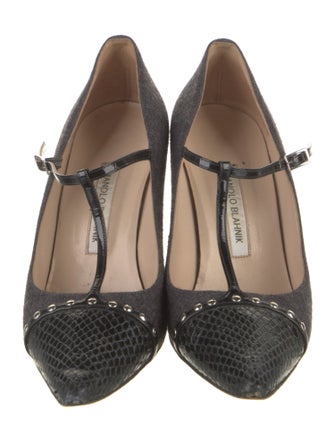 Manolo Blahnik Wool Studded Accents T-Strap Pumps