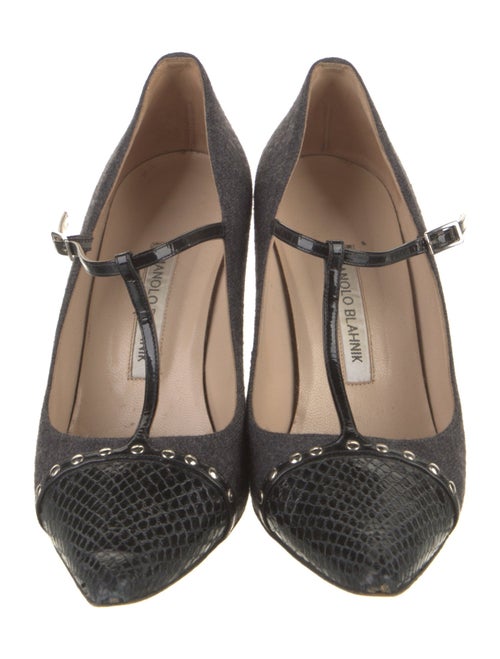 Manolo Blahnik Wool Studded Accents T-Strap Pumps