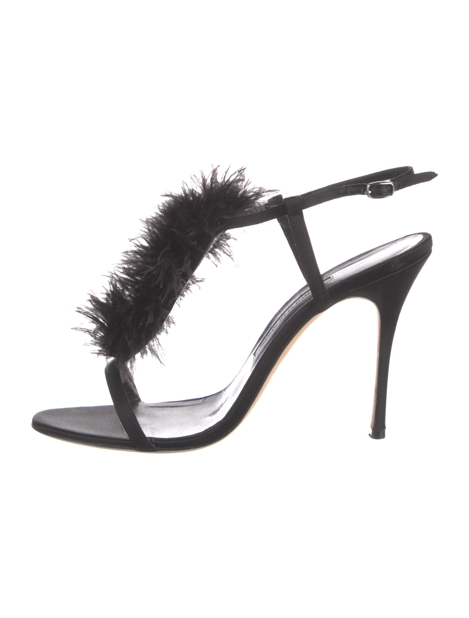 Manolo Blahnik Satin Feather Trim T-Strap Sandals