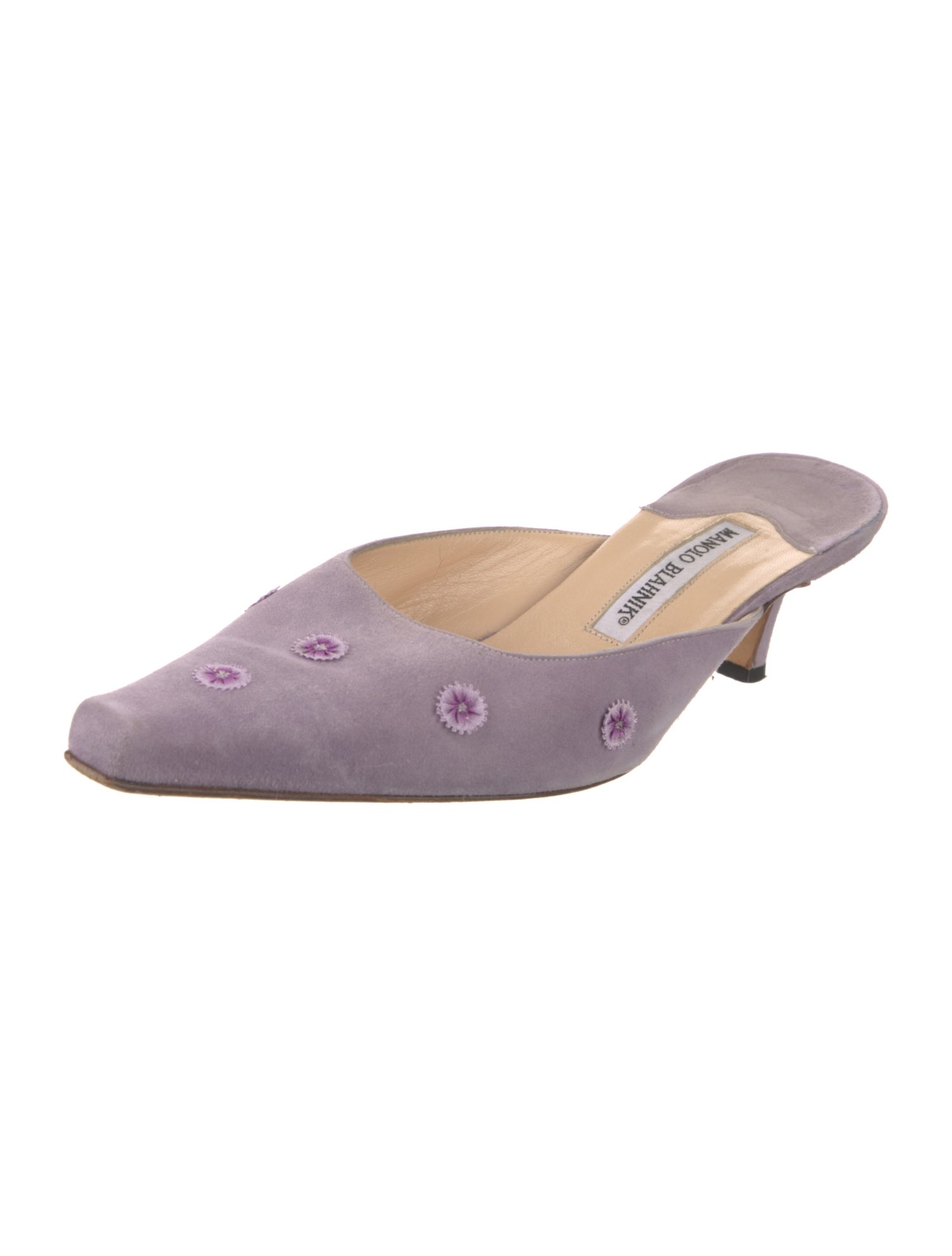 Manolo Blahnik Suede Embroidered Accent Mules