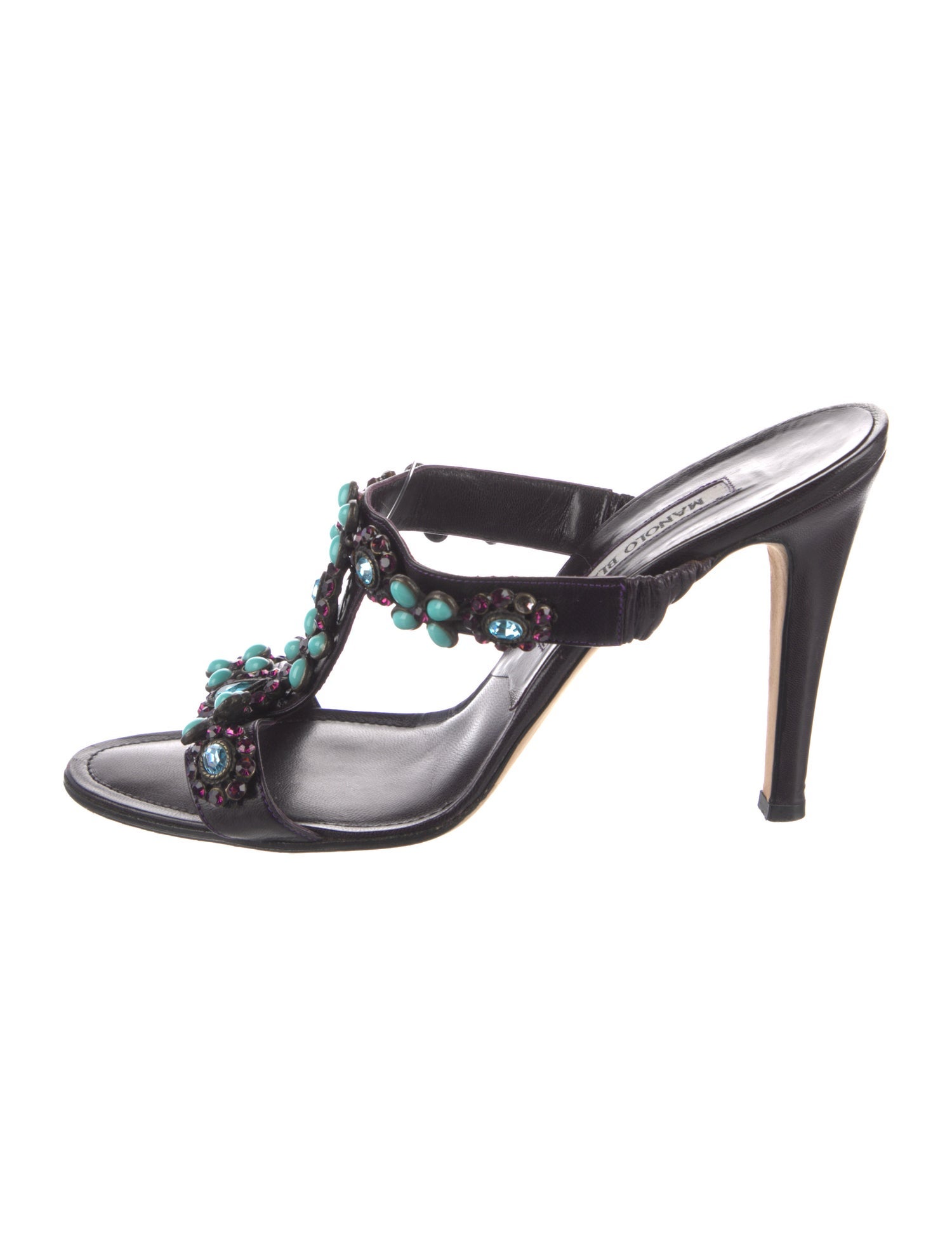 Manolo Blahnik Leather Crystal Embellishments T-Strap Sandals