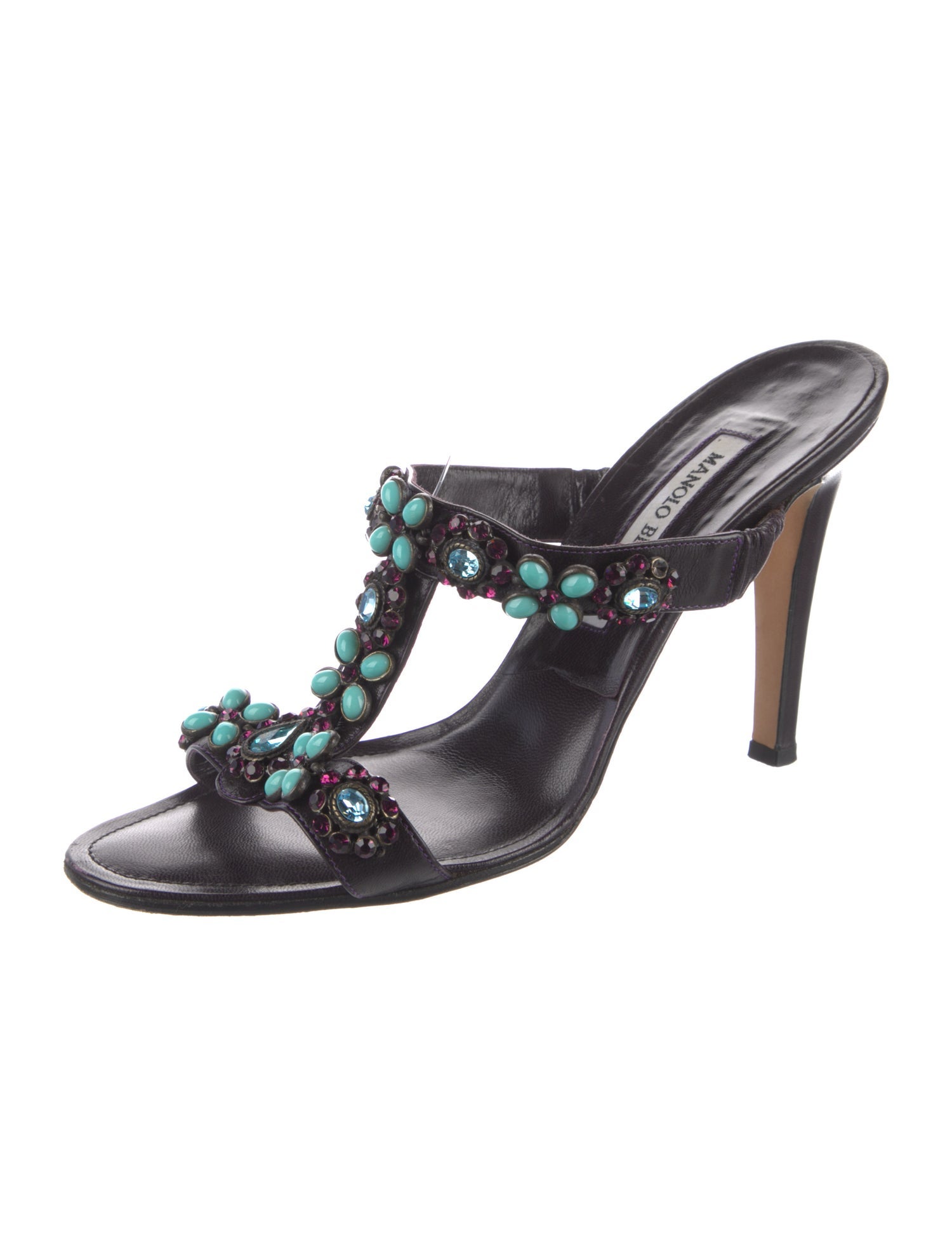 Manolo Blahnik Leather Crystal Embellishments T-Strap Sandals