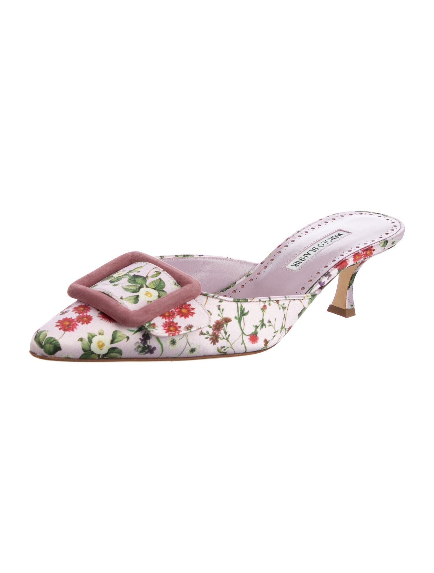 Manolo Blahnik Satin Floral Print Mules