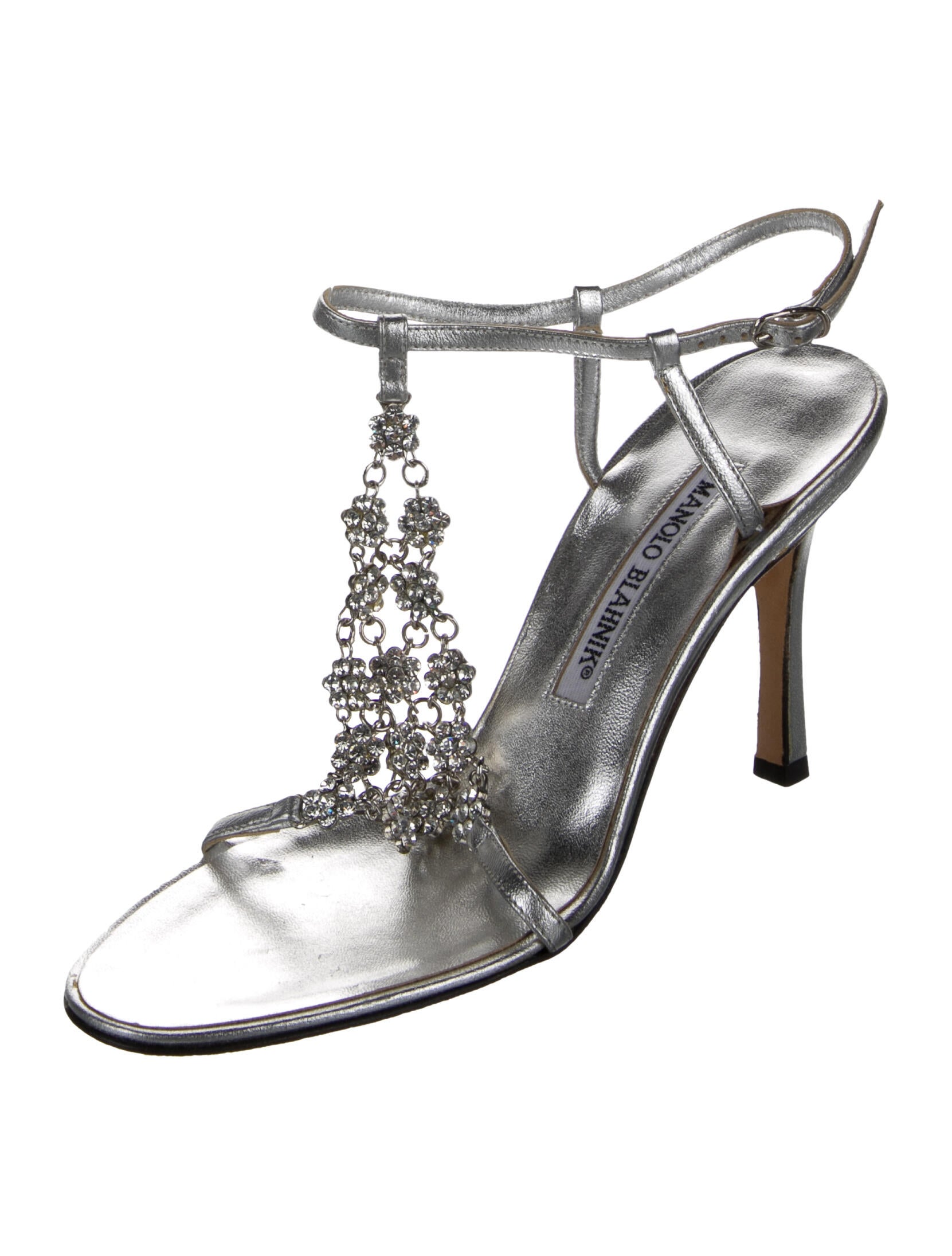 Manolo Blahnik Leather Crystal Embellishments T-Strap Sandals