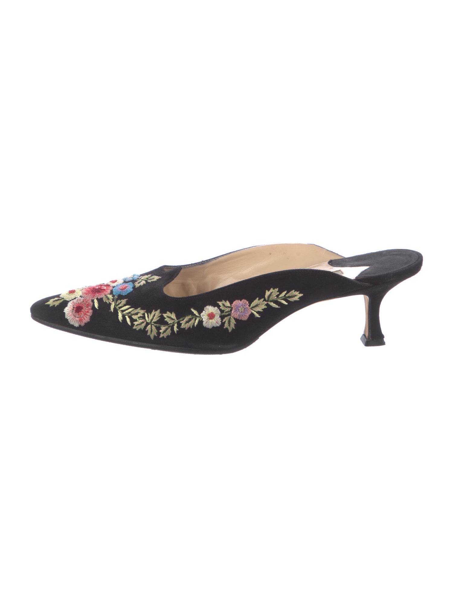 Manolo Blahnik Suede Floral Print Mules