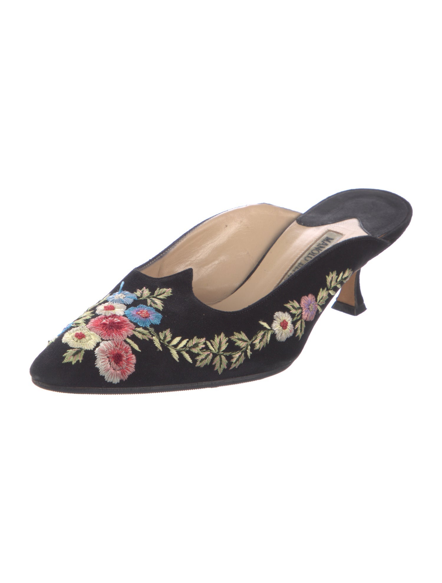 Manolo Blahnik Suede Floral Print Mules