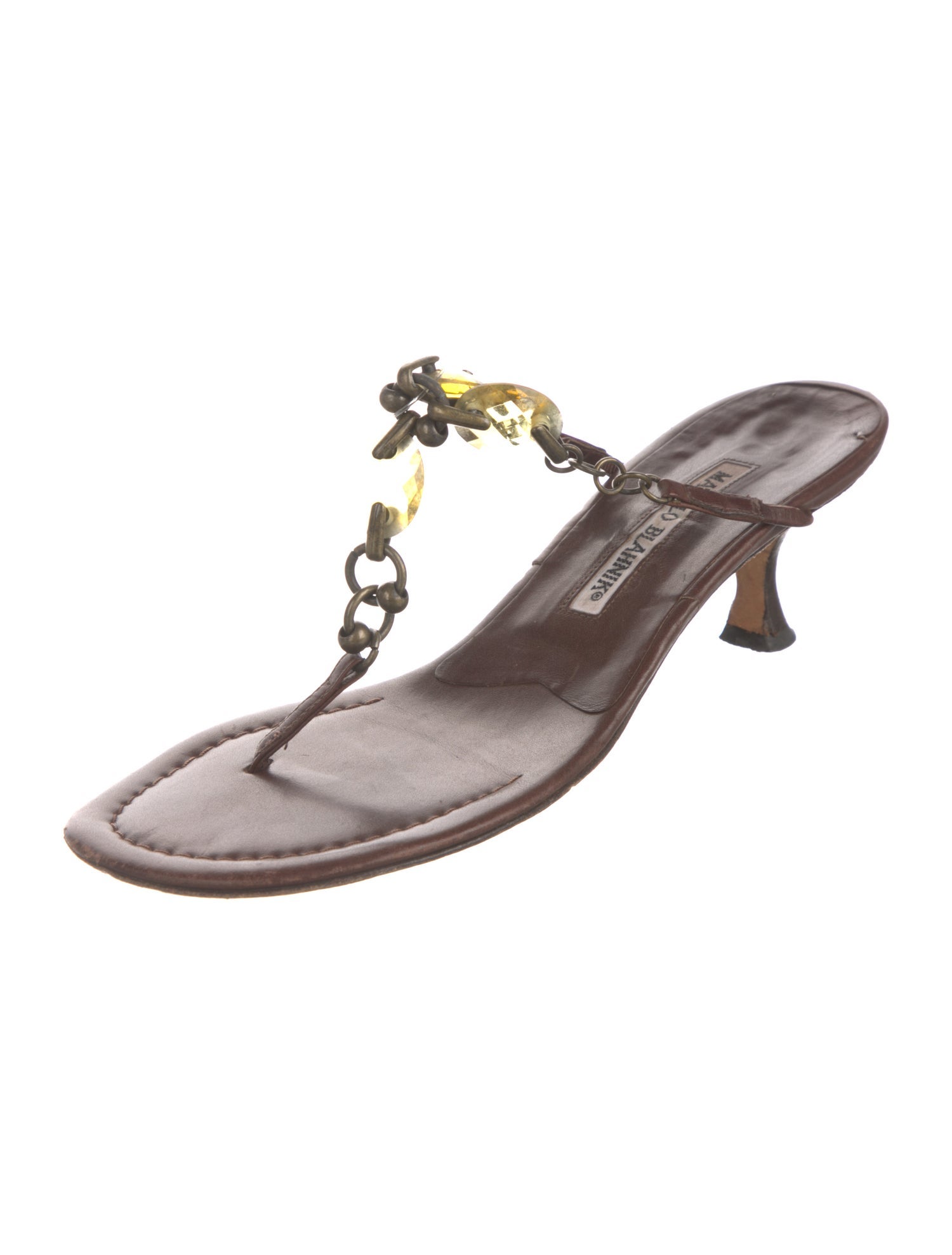 Manolo Blahnik Leather Crystal Embellishments T-Strap Sandals