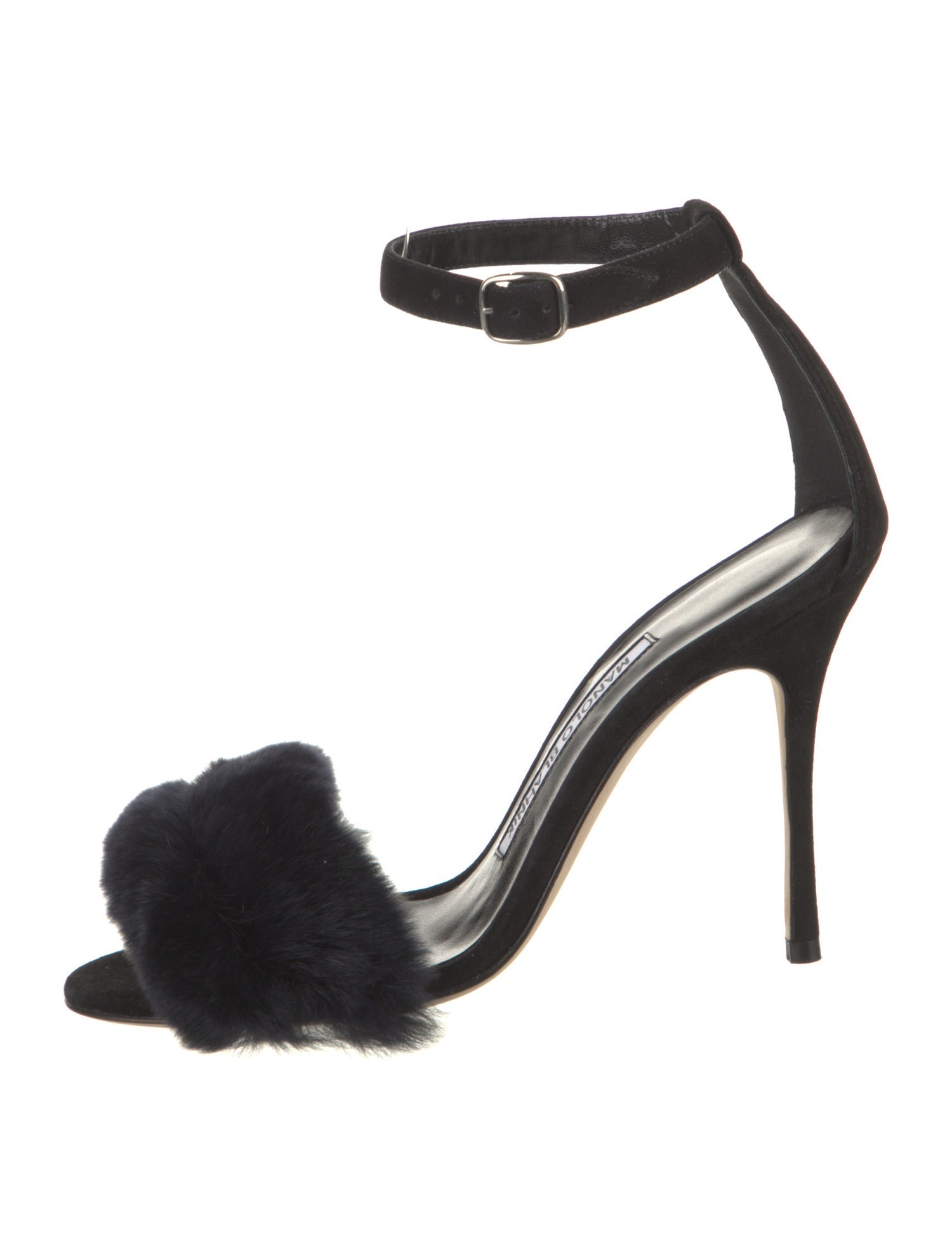 Manolo Blahnik Suede Fur Trim Sandals