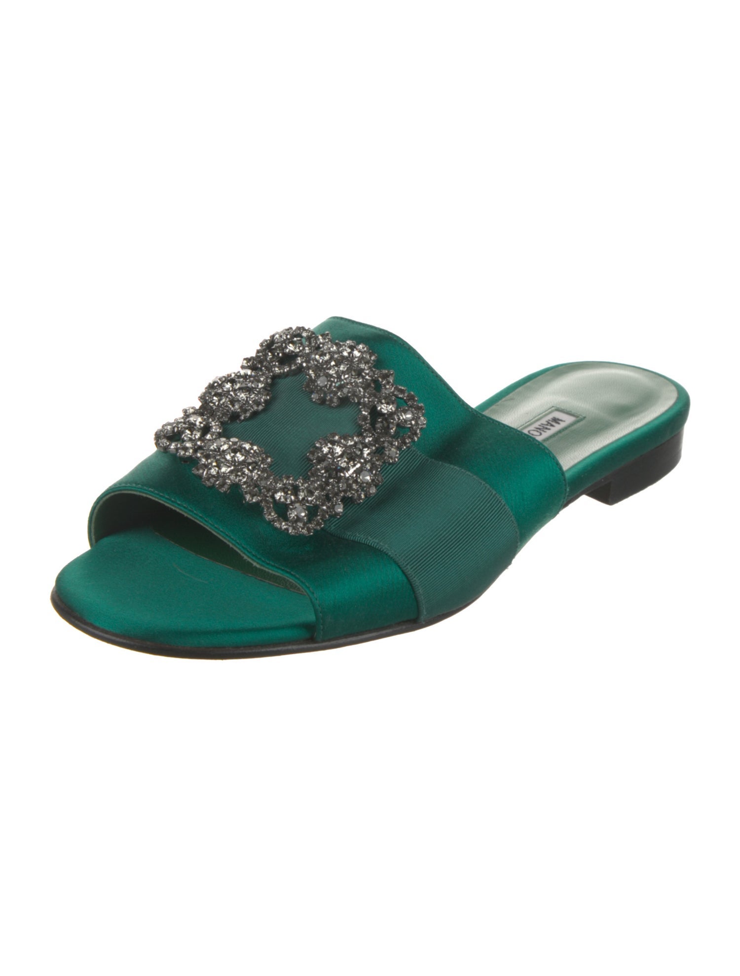Manolo Blahnik Satin Crystal Embellishments Slides