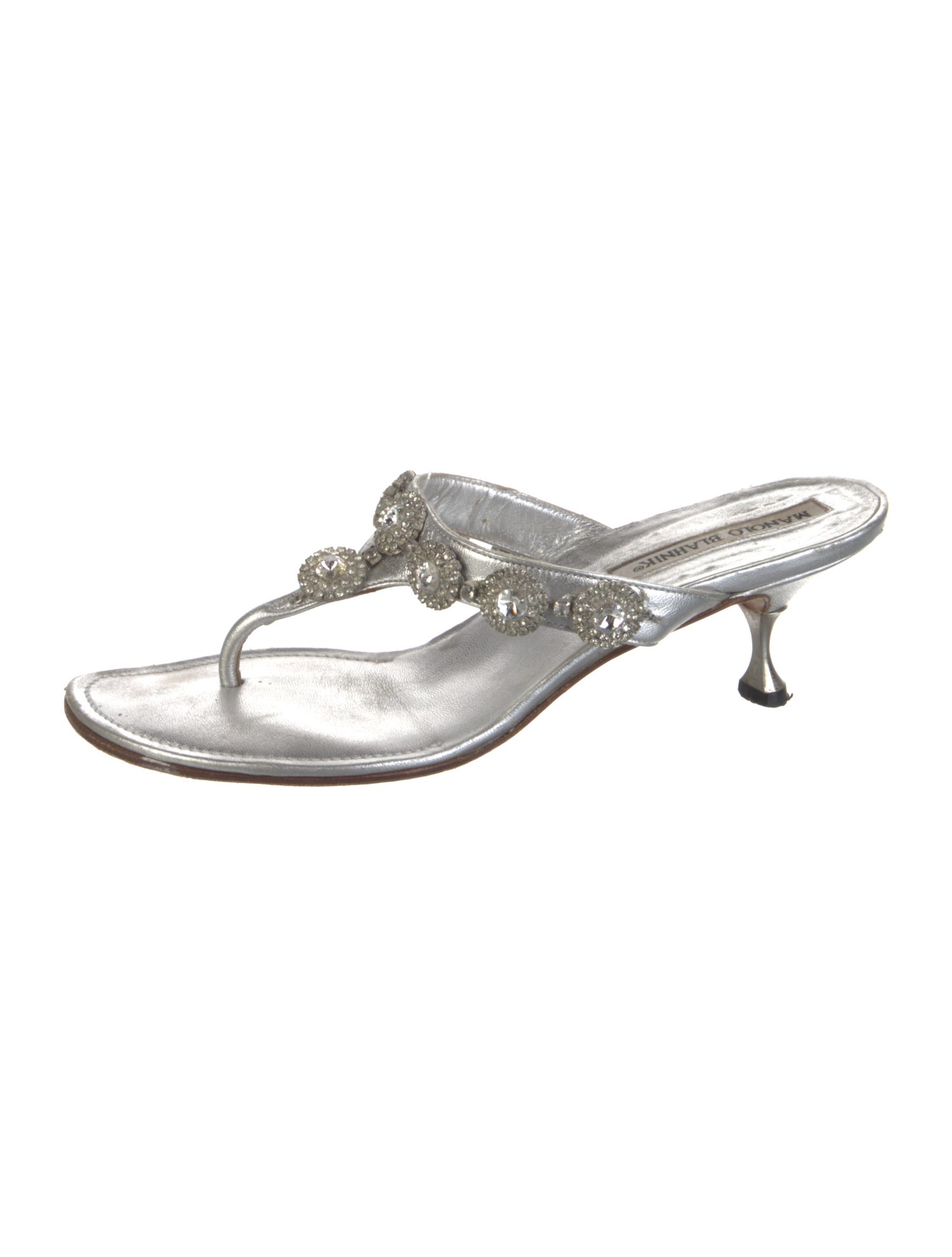 Manolo Blahnik Leather Crystal Embellishments Slides