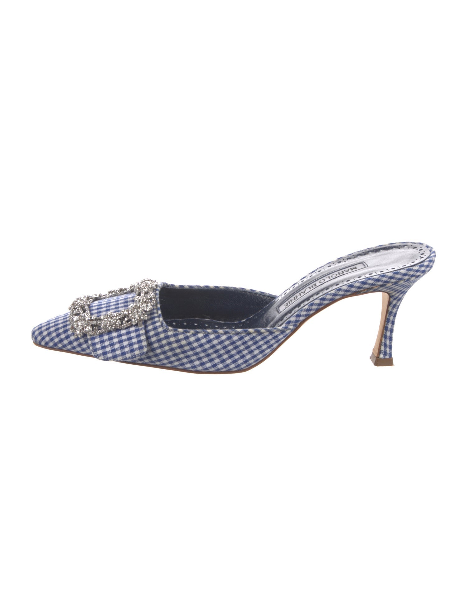 Manolo Blahnik Plaid Print Crystal Embellishments Mules