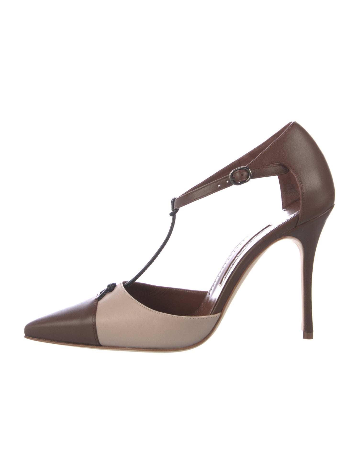 Manolo Blahnik Leather Colorblock Pattern T-Strap Pumps