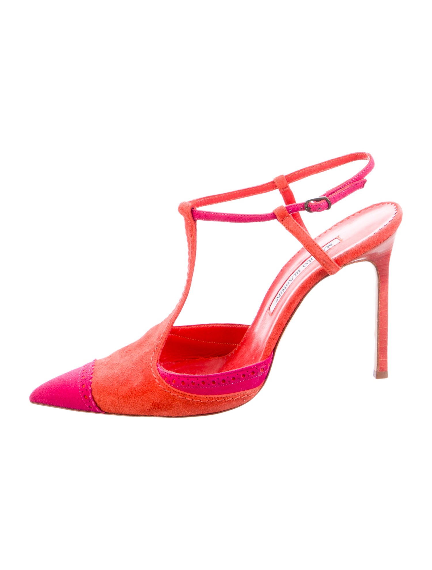 Manolo Blahnik Suede Colorblock Pattern T-Strap Pumps