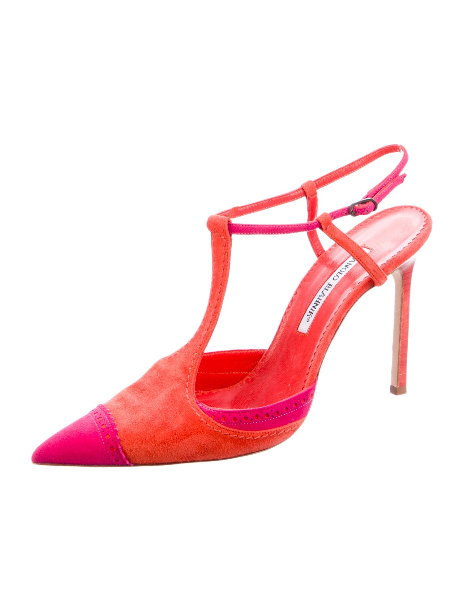 Manolo Blahnik Suede Colorblock Pattern T-Strap Pumps